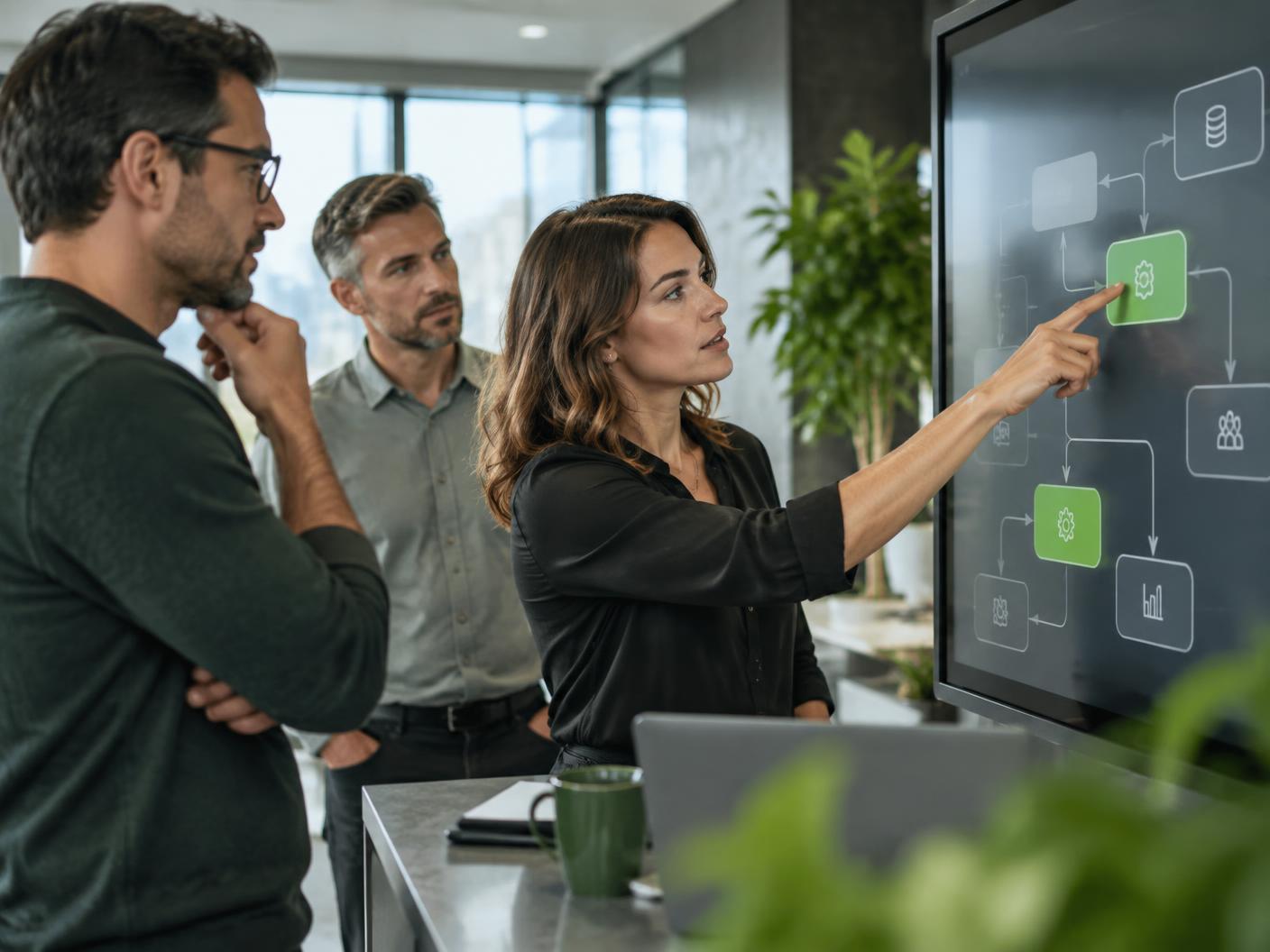 Equipe analisando um fluxo de software personalizado